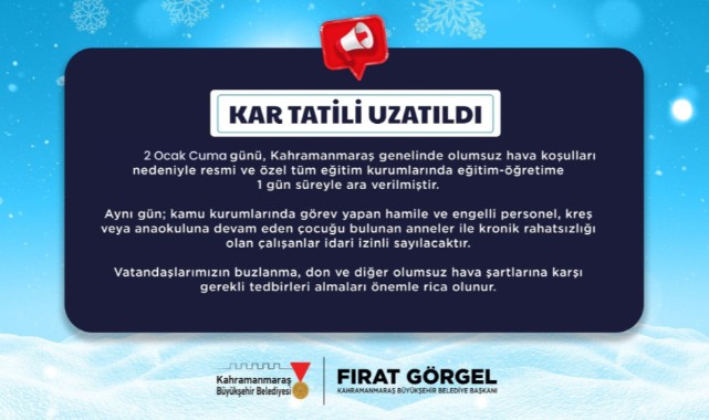 Olumsuz Hava Koşulları Nedeniyle 2 Ocak’ta Eğitime 1 Günlük Ara!..