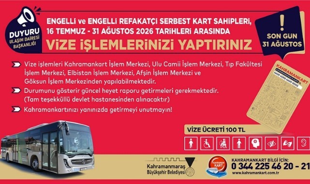 Engelli ve Engelli Refakatçi Serbest Kartlarında Vize Yenileme Dönemi Başladı..